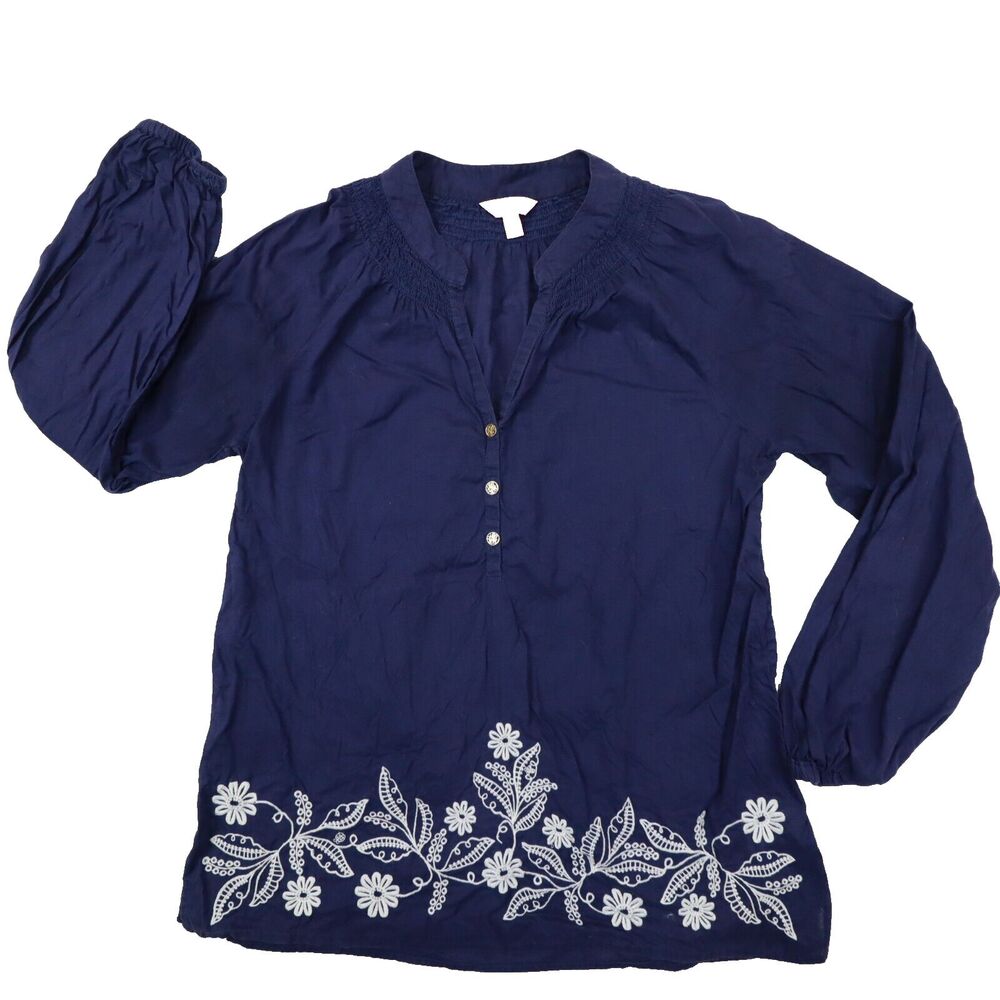 Lilly Pulitzer Womens Blouse Blue V Neck Smocked Buttons Embroidered size M